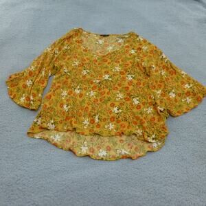 Rachel Zoe Shirt Womens 2X Blouse Yellow Floral Flutter Sleeve 3/4 Boho V Neck